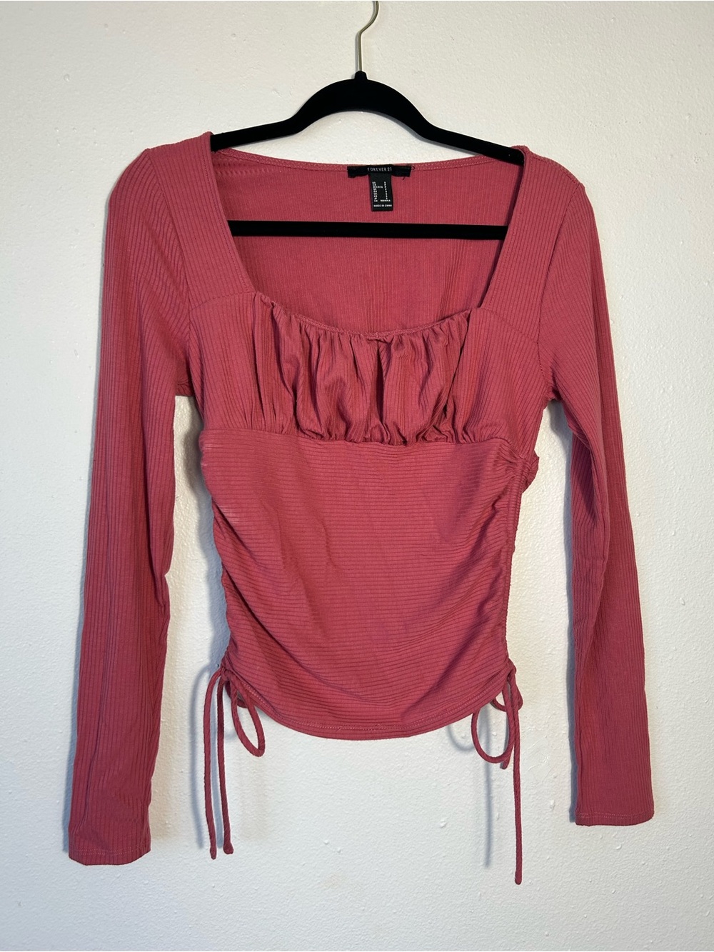 Forever 21 Top Small S Pink Ribbed Ruched Sweetheart Neck Side Drawstring Boho